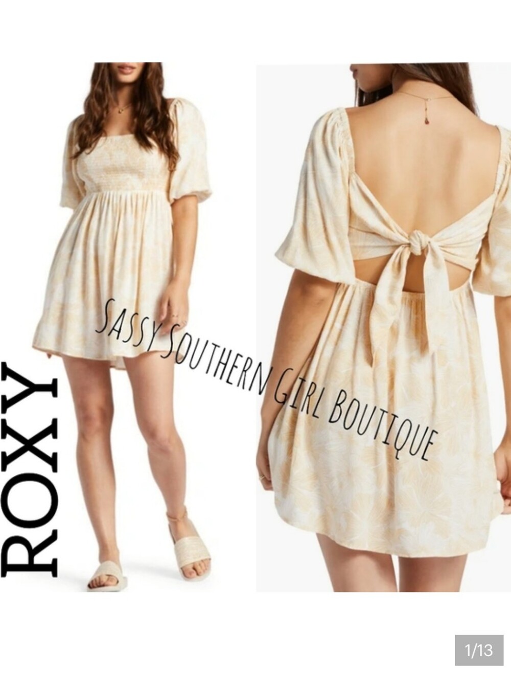 🆕⭐Roxy Tan White Hibiscus Tropical Puff Sleeve Mini Dress
